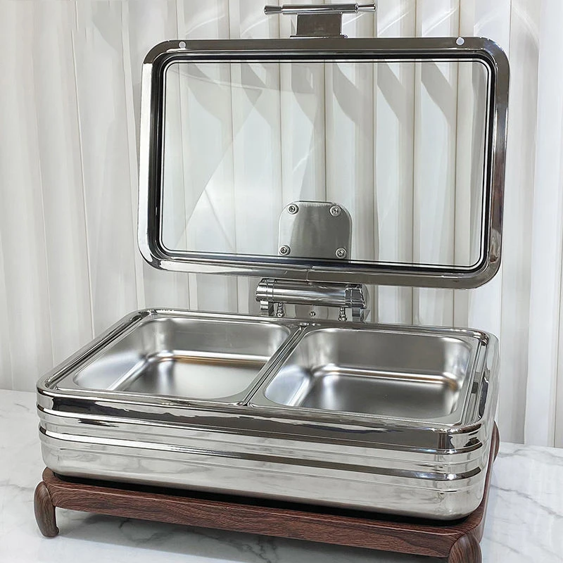 Buffet Catering 304 Stainless Steel Electric Hydraulic Induction Chafing Dish Food Warmer With Wood Grain Stand And Glass Lid