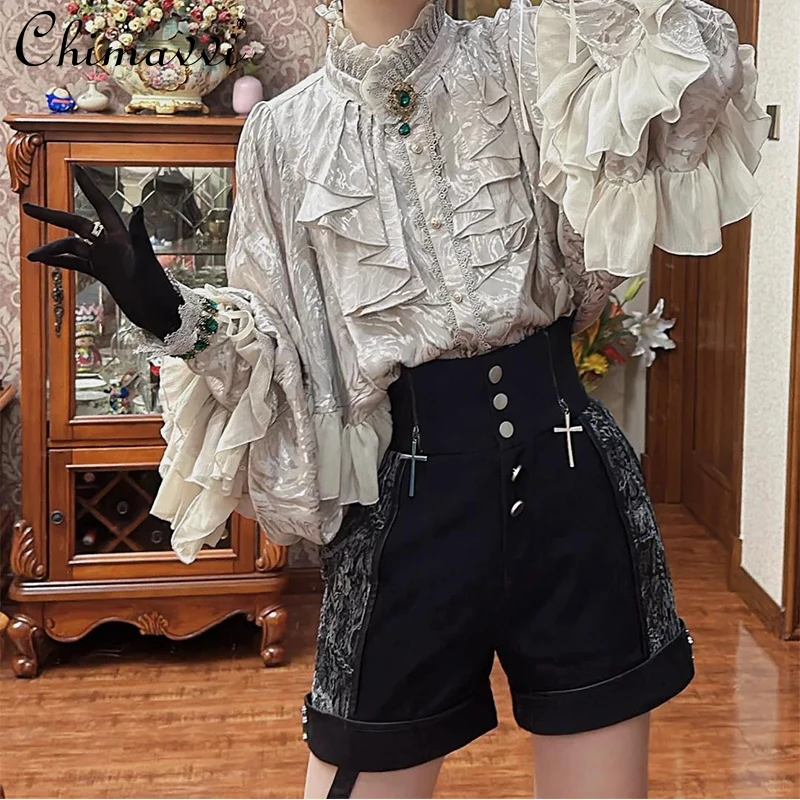 Gothic Style Silver Shirt Spring and Autumn New Fashion Bat Sleeve Loose Long Sleeve Blouse Lolita Retro Court Style Top damski