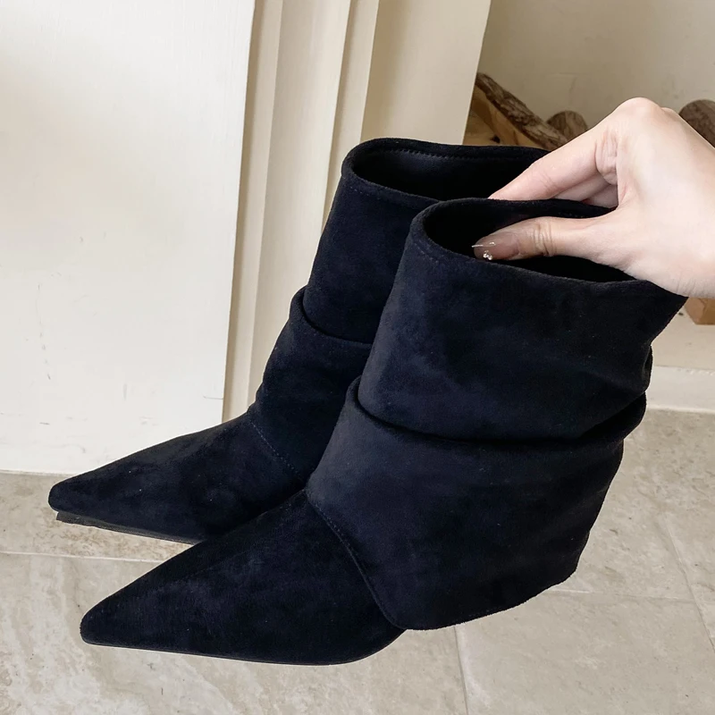 

Aneikeh/пикантные дизайнерские плиссированные женские ботильоны с острым носком, модные короткие ботильоны на тонком высоком каблуке для вечеринки, выпускного вечера