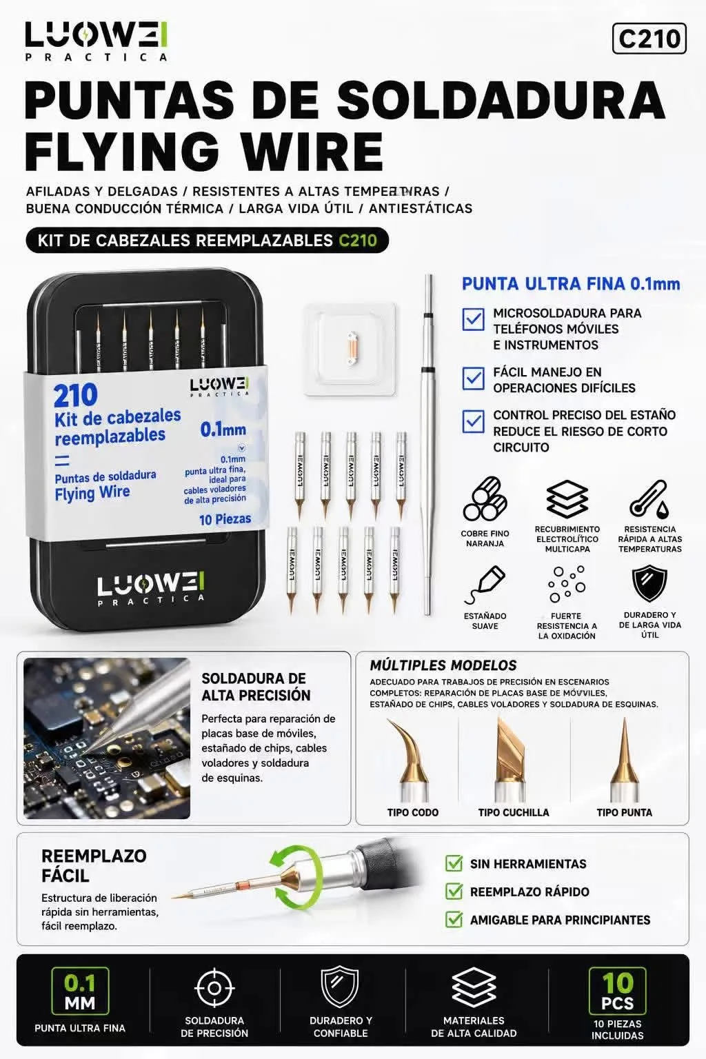 LUOWEI C210 Series Fast Thermal Conductive Multi-Layer Electroplated Built-in Anti-Oxidation Stainless Steel Tube Soldering Tip