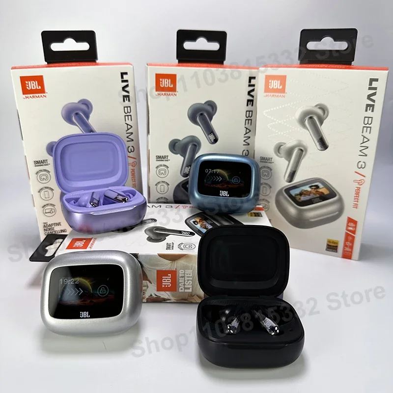 الإصدار الرسمي الأصلي من HK JBL Live Beam 3 سماعات أذن لاسلكية حقيقية شاشة LED تعمل باللمس سماعات أذن مزودة بتقنية البلوتوث مع ميكروفون