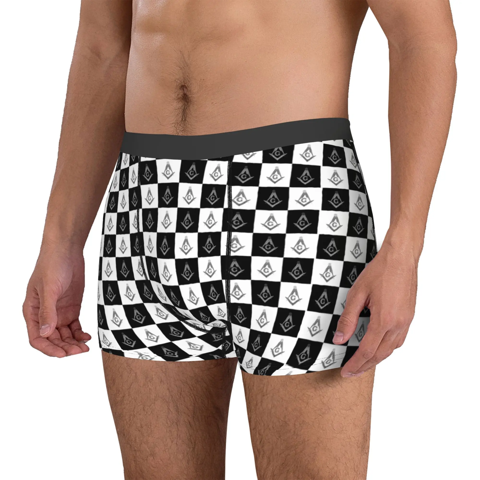 Male Cool Freemason Checkered Black And White Pattern Underwear Masonic Mason Boxer Briefs Soft Shorts Panties Underpants