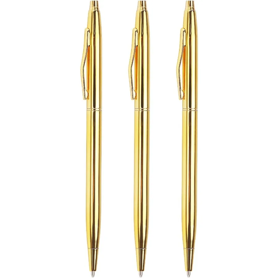 

3 Pack Slim Gold Ballpoint Pens Black Ink 1 mm Great Gift for Business Office Students Teache Wedding Christmas Gold