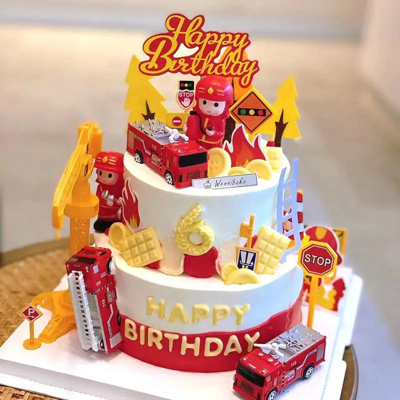 Fire Ladder Truck Water Tank Cake Topper Fireman kid 1st One Year Birthday Party Firefighter Hero Themed Birthday Boy Cake Decor