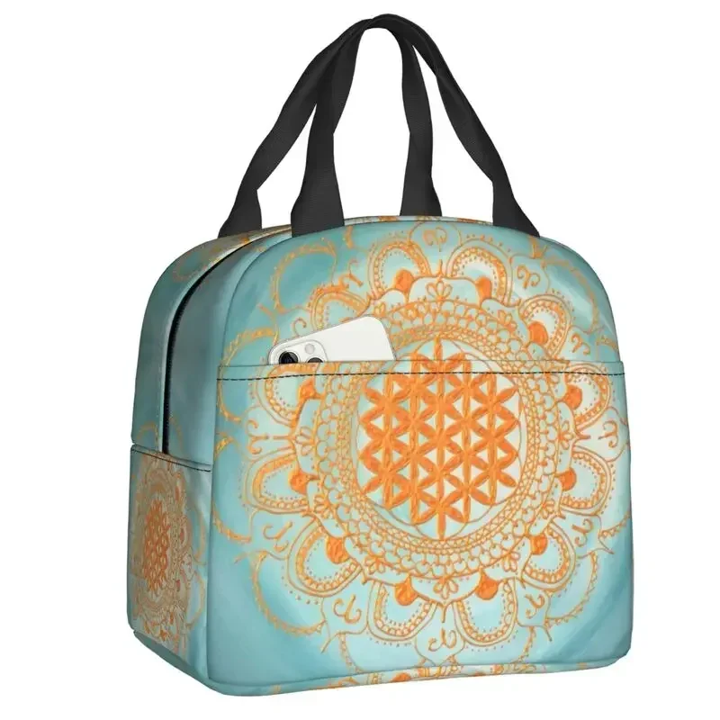 Flower Of Life Mandala Ocean Gold On Turquoise Insulated Lunch Bag Portable Yoga Meditation Cooler Thermal Lunch Tote Beach