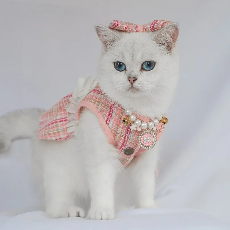 Cute Cat Skirt Necklace Hair Accessory Set High Quality Pearl Plaid Jacket Soft Texture Kitten Dress for Party Shooting Clothes