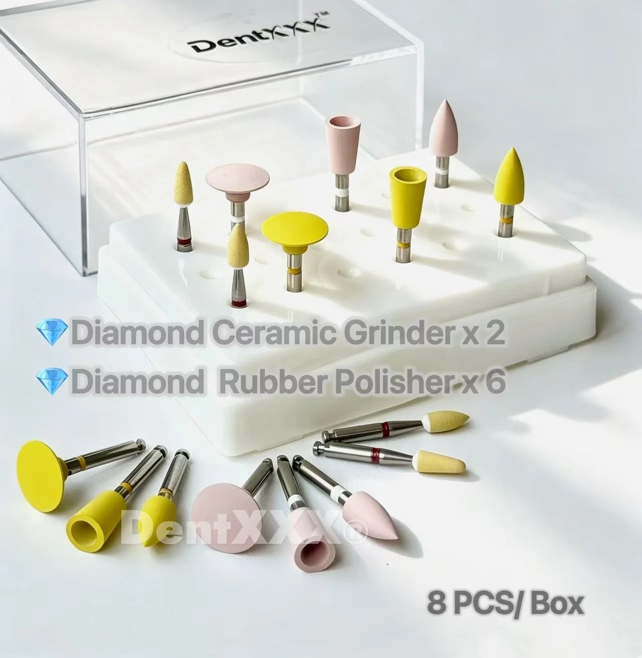 

8PCS/BOX Diamond Ceramic Grinding Heads, Rubber Polishing Heads Kit, 2.35mm Shank, for Grinding & Mirror Finishing