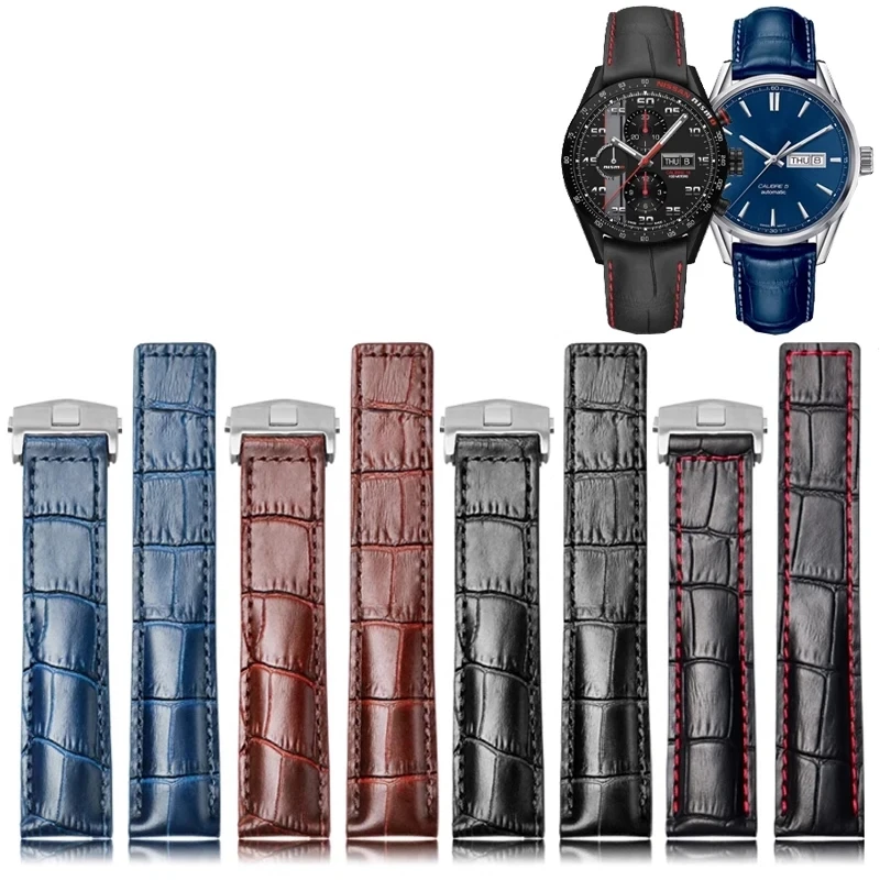 Pulseira de couro genuíno masculino, pulseira de relógio, fivela de aço, TAG Heuer Calera, azul, marrom, preto, couro de vaca, acessórios 19mm, 20mm, 22mm