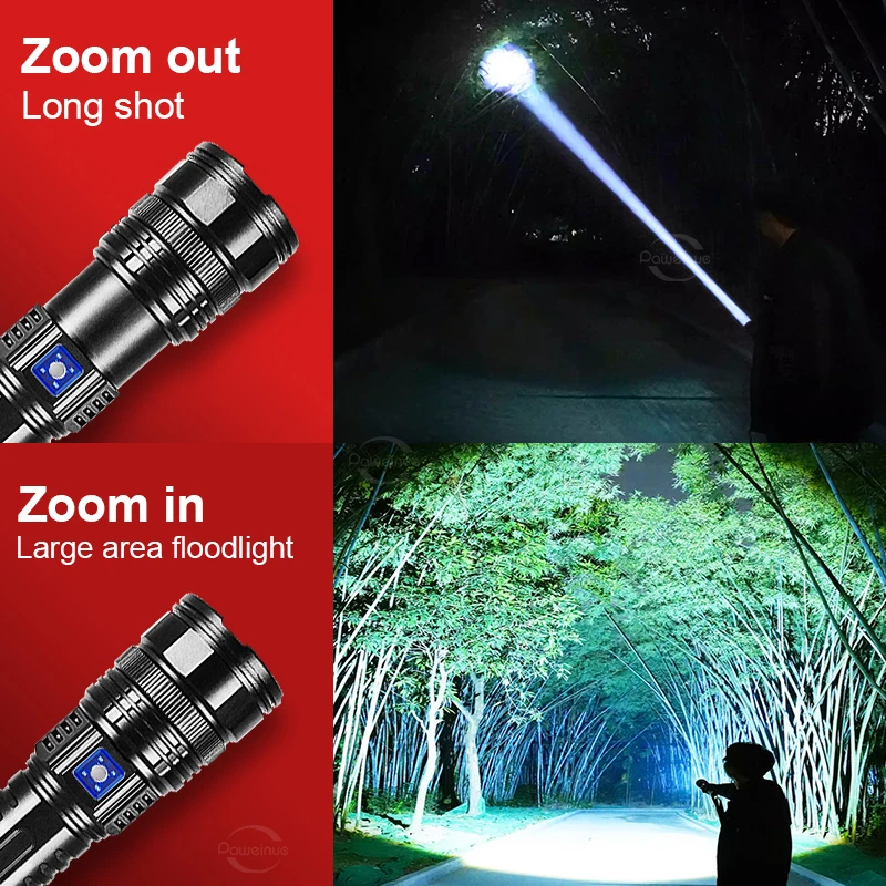 200000LM 800W Super White Laser LED Flashlight Waterproof Zoomable Torch With Tail Light Outdoor Work Light Camping Lantern