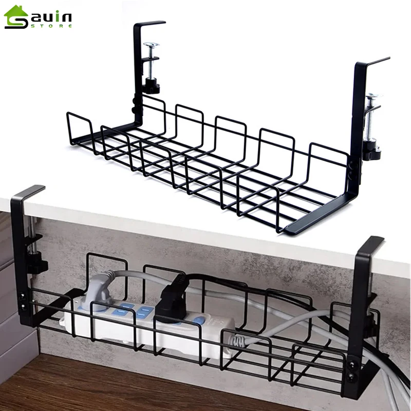 

No Punching Under Table Storage Rack Metal Cable Management Tray Home Office Desk Wire Organizer Kitchen Storage Accessories