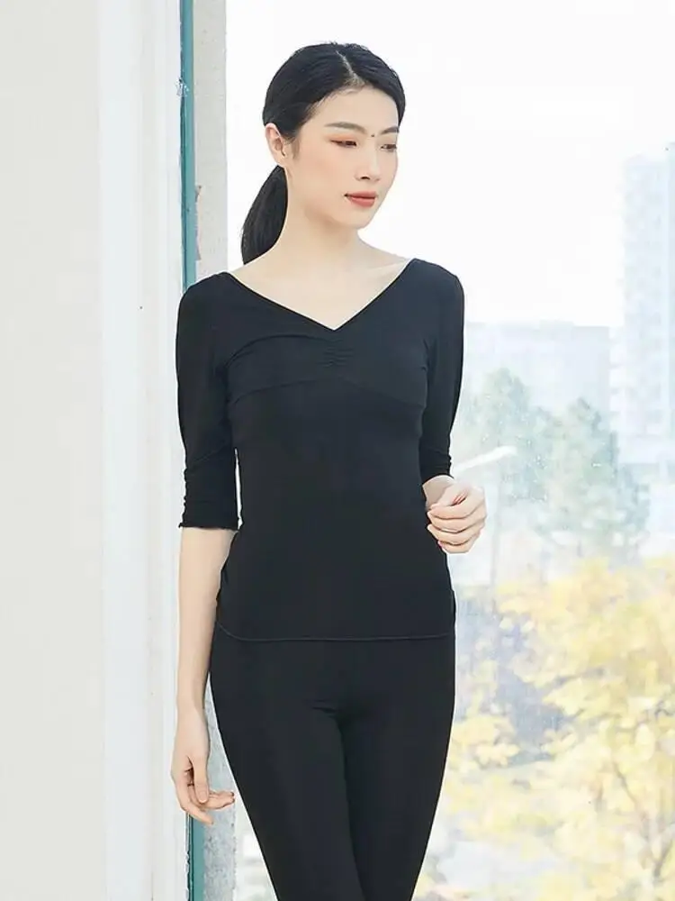 Damska koszulka do tańca klasycznego z dekoltem w serek, sznurkiem, krótkim rękawem, jednolity kolor, kostium, chiński ludowy strój sceniczny, na próbki i ćwiczenia.