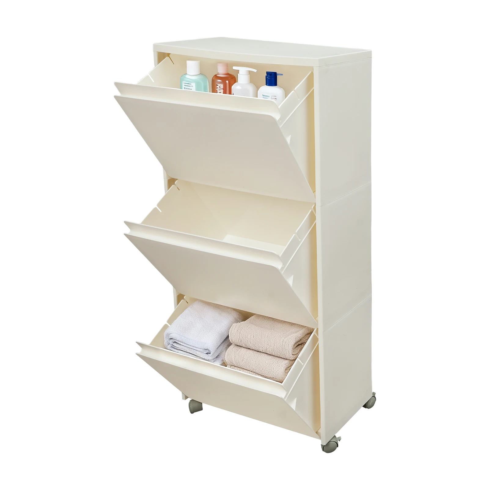 White 3 Tier PP Storage Cabinet With 4 Universal Wheels 2 Lockable Casters 10kg Max Load Injection Molding Floor Standing Rolling Organizer Drawer Unit Vertical Narrow Freestanding Household Storage Trolley For Living Room Bedroom