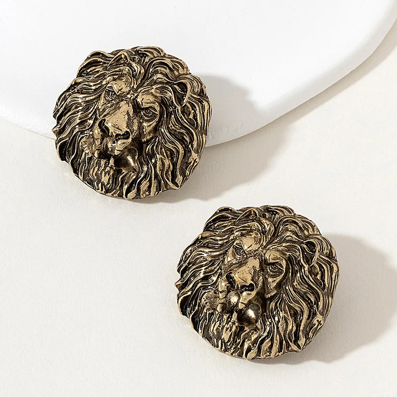 Vintage Exaggerated Lion Head Metal Ear Studs Earrings for Women Holiday Party OL Gift Fashion Jewelry Ear Accessories