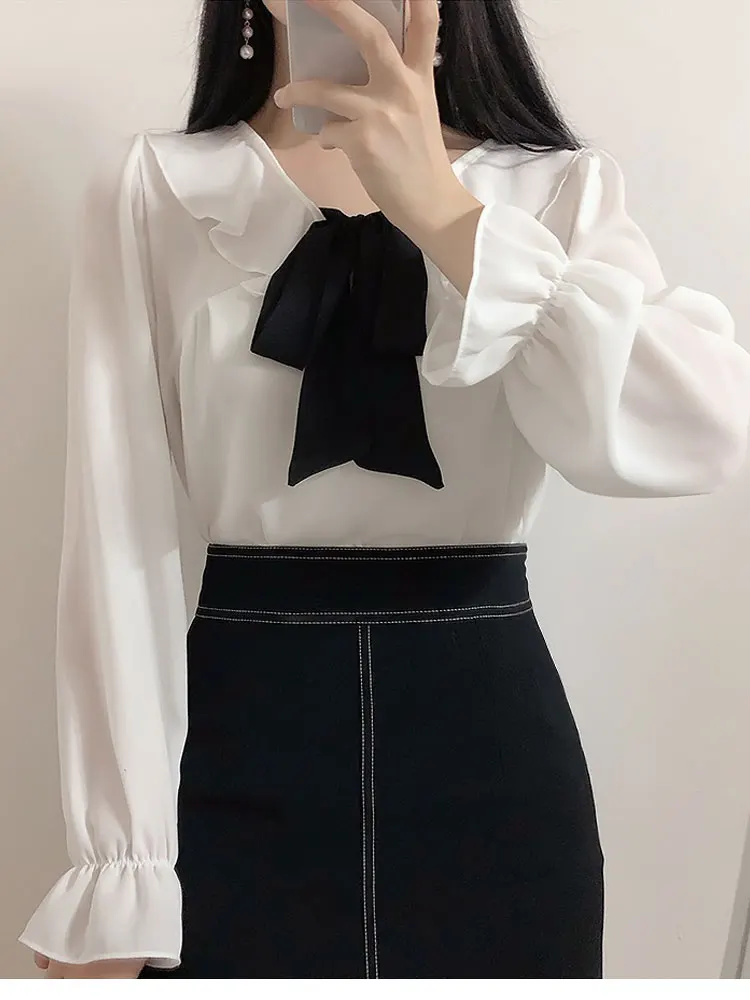 Bow Tie Tops 2022 Summer Cute Sweet Preppy Style Girls White Ruffled Shirt Elegant Korean Chic Women Tops Flhjlwoc Blouse