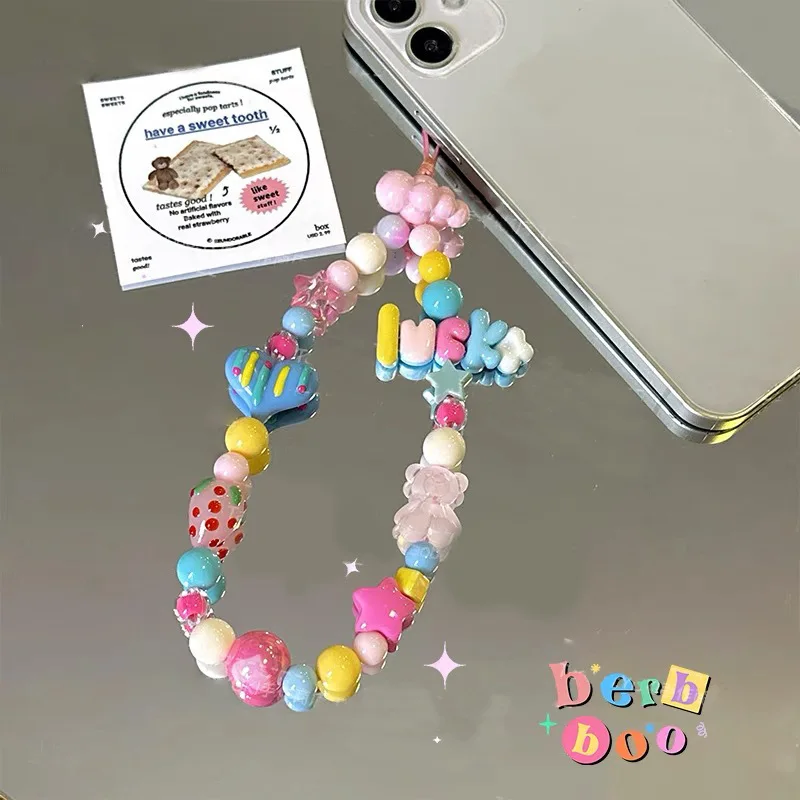 Chaîne de téléphone portable perlée Lucky Love, originale, crème, pendentif ccd, sac décoratif, cadeau