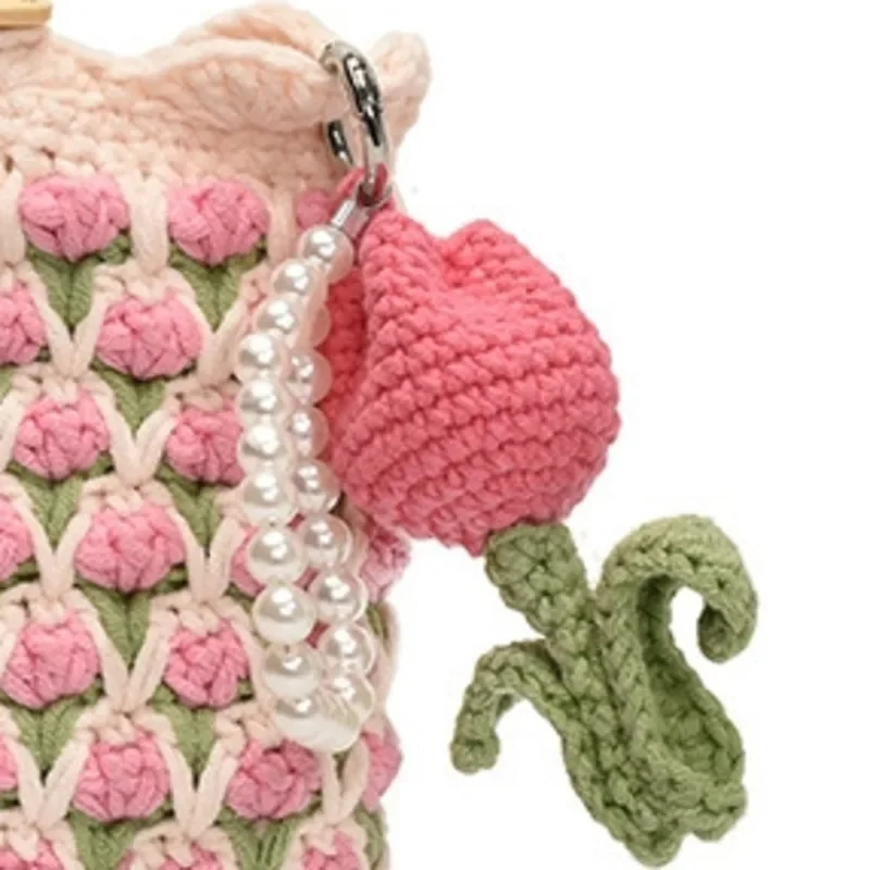 Handmade Backpacks Crochet Tulip Crossbody Bag Pink Knitted Phone Bag Mini Shoulder Purse For Women Birthday Tote Bag Gift New view 6