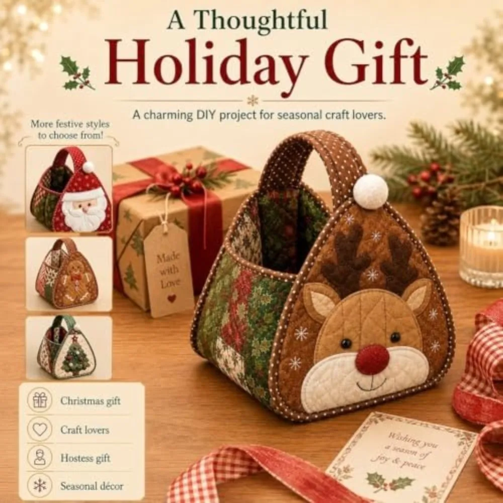 Semi-Finished Christmas Carry Basket Foldable Padded Patchwork Fabric Craft Basket Portable Handheld Quilted Tote Bag