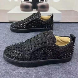 italian brand designer rivets shoes for men casual black silver flat shoe singer DJ stage original leather sneakers man footwear