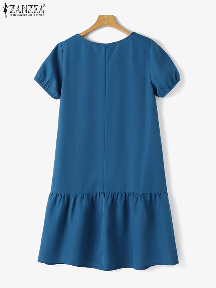 ZANZEA abiti Midi Casual con stampa floreale da donna 2024 estate per il tempo libero manica corta a sbuffo orlo arruffato Vestidos Holiday Sundress