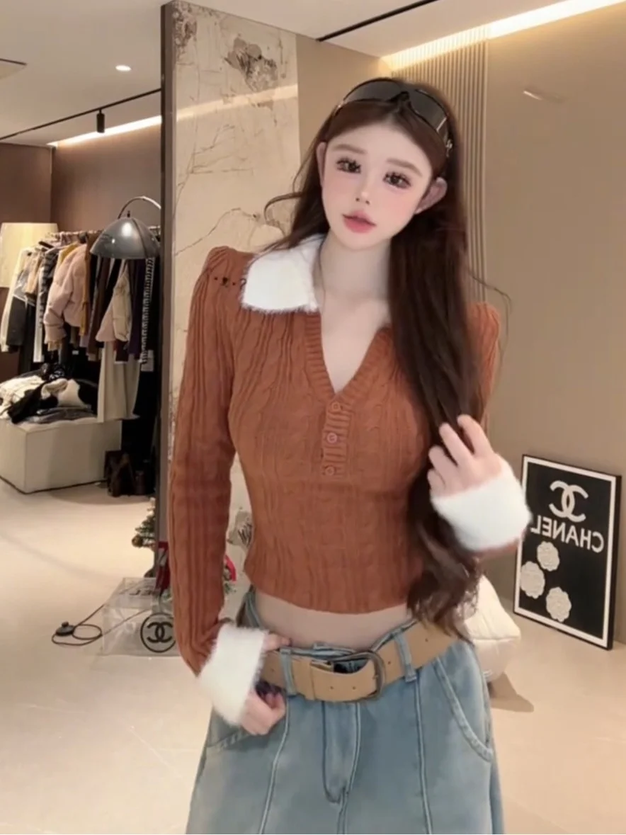 Korean Sle Long Sve Knitted Sweater Women's Autumn Winter Red Belted Flap Collar ort Top Warm Comfortable Daily Wear