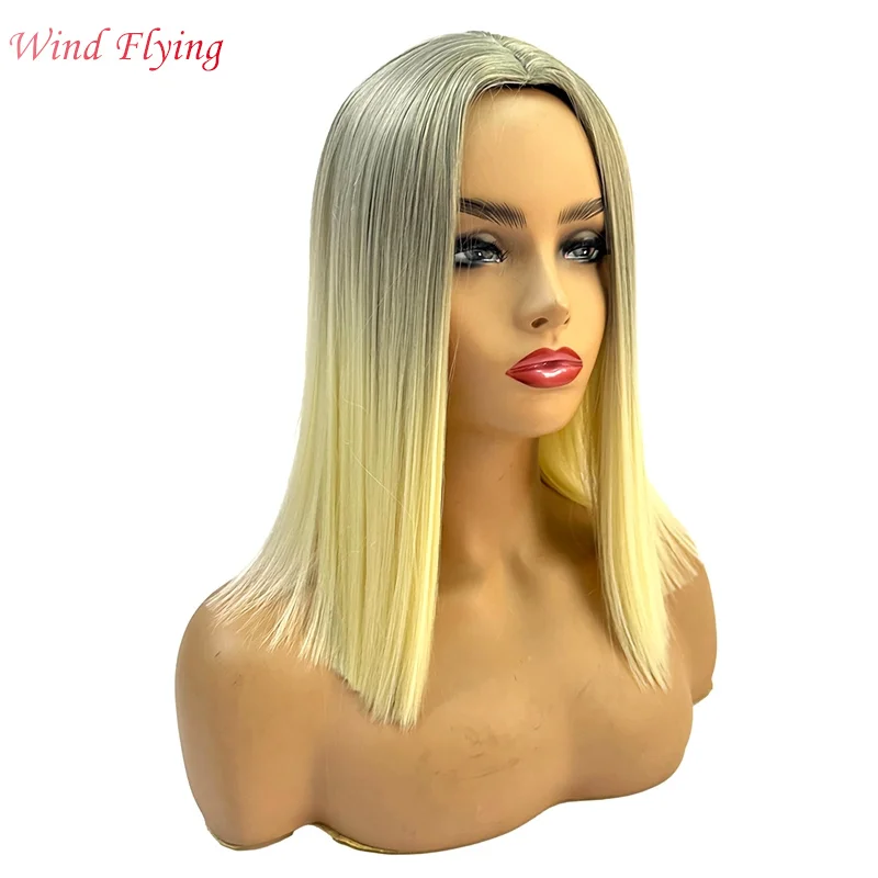 WIND FLYING-Perruque mi-longue en fibre chimique pour femme, cheveux raides, couvre-chef blond élégant, Europe, États-Unis