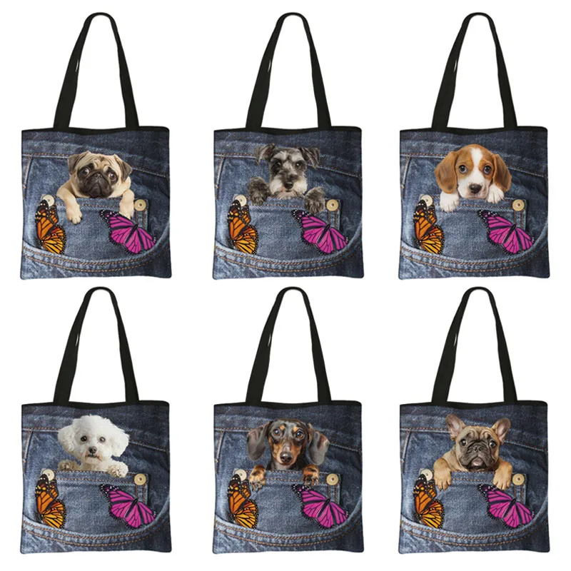 Zabawna kieszonkowa torba na zakupy dla psa buldog jamnik Beagle sznaucer Tote Bag duża pojemność przechowywania torebka damska torebka
