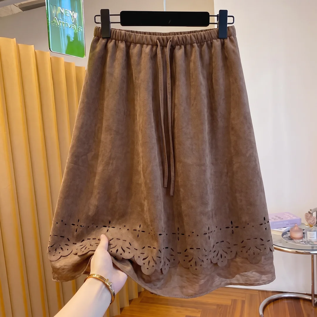 Retro Forest System Drawstring Elastic Waist Half Skirt Women's New Autumn Lazy Vacation Style Embroidered Lace Half Skirt