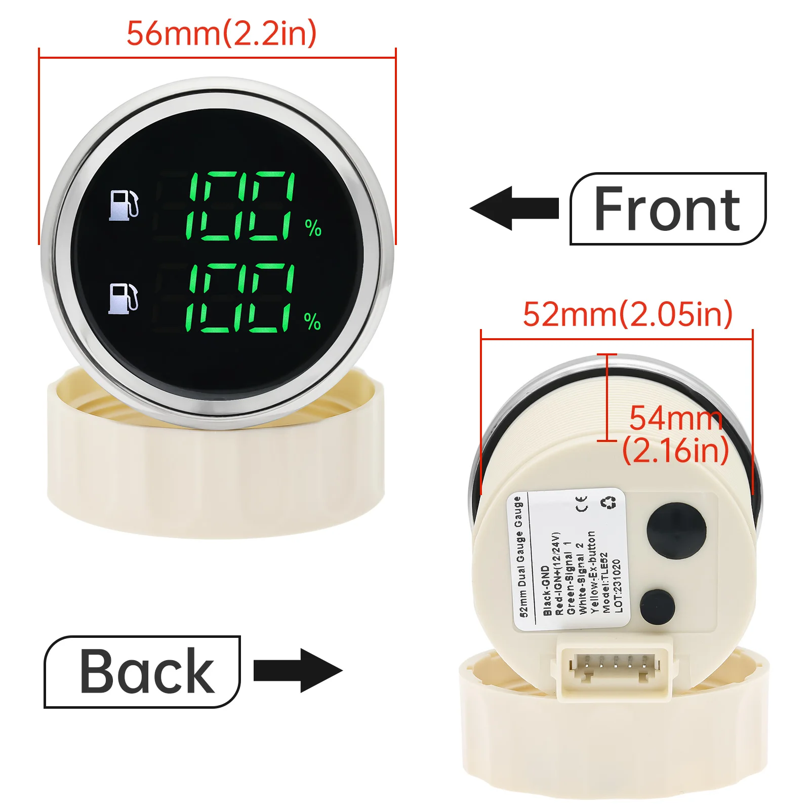 2'' 52mm Car Green LED Dual Digit Display Fuel Level Gauge Oil Tank Level Meter for Car Boat Yacht Car Accessories With Alarm