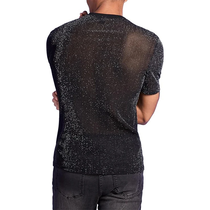 Fashion Sequin See Through T Shirts Mens 2025 Summer Short Sleeve O Neck Casual Tops Men Vintage Shinny Solid Color Slim T-shirt