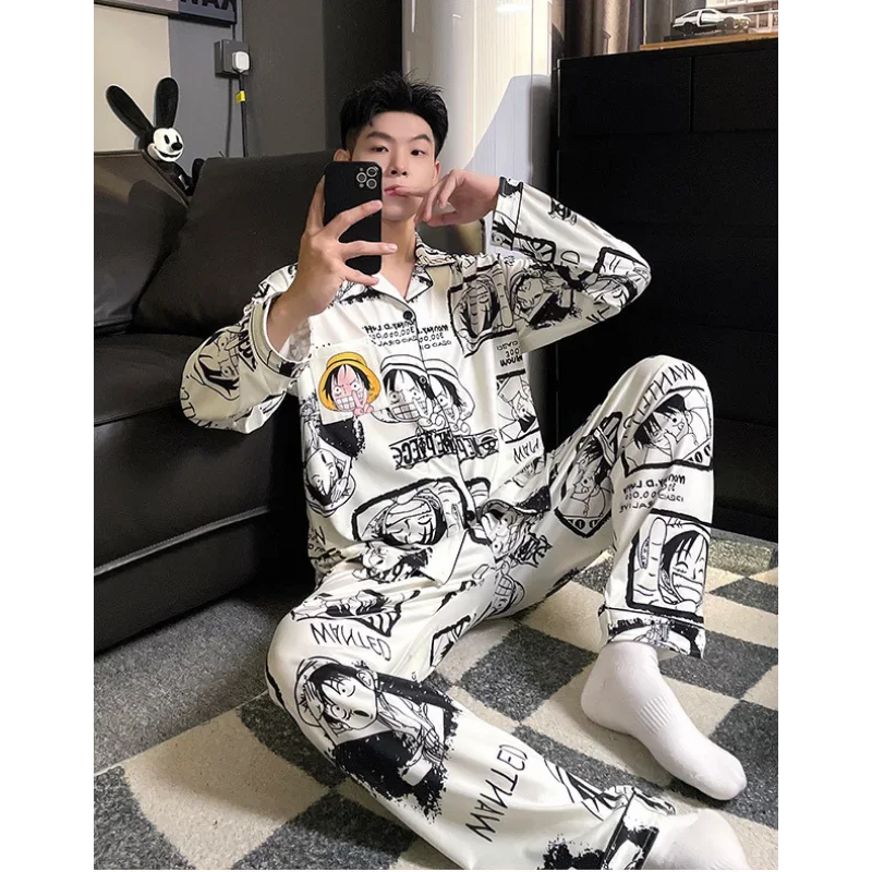 ONE PIECE Luffy autumn pure cotton cartoon long-sleeved trousers casual men\'s pajamas two-piece loungewear silk pajamas men