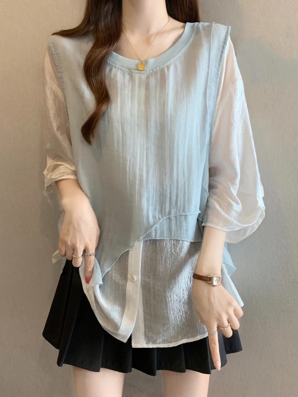 

Light Blue Chiffon Shirt Women's Shoulder Length Short Sleeve Midi Top Korean Style Commute Wind Loose Fit Fake Two-Piece