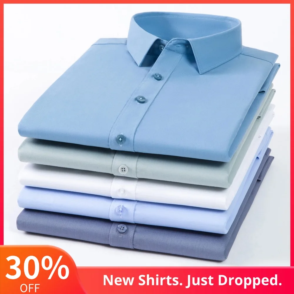 

Мужские гладкие эластичные устойчивые к морщинам классические рубашки без кармана. Удобная офисная рубашка на пуговицах с длинными рукавами стандартного кроя.