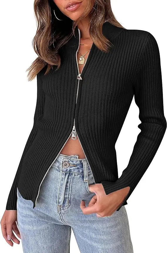 Women\'s Ribbed Knit Slim Fitted Zip Up Sweater 2023 Autumn Winter Solid Color Cardigan Long Sleeve V Neck Jumpers Streetwear