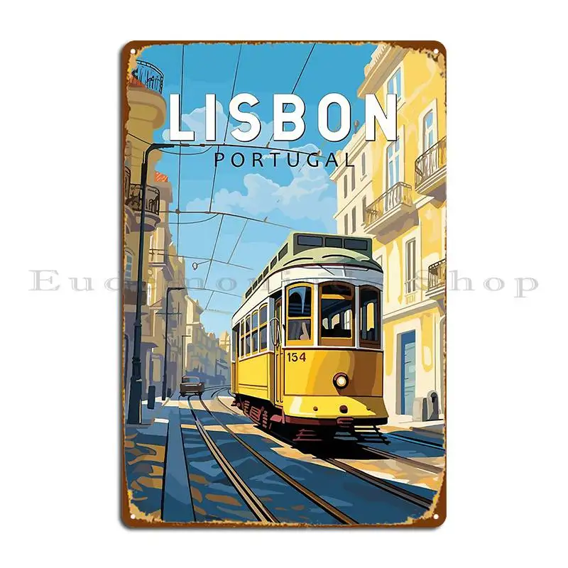 Лиссабон Португалия Желтый Трамвай Путешествие Искусство Винтаж Металлическая Табличка Плакат Настроить Гостиная Пещера Настенная Роспись Гараж Оловянная Вывеска Плакат
