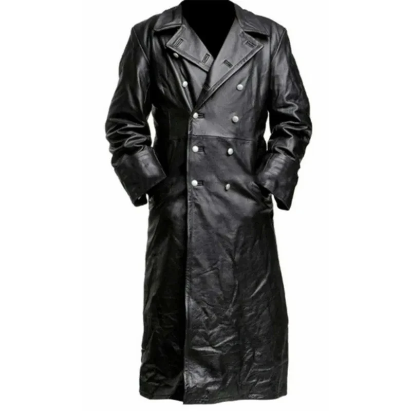 TRENCH da uomo classico tedesco WW2 uniforme militare ufficiale in pelle nera