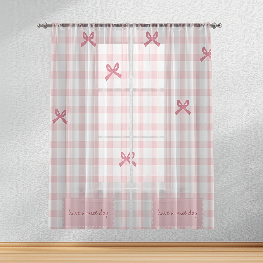 2PCS Digital Printed Sheer Curtain, Sweetheart Pink Plaid, Girly Coquette Gingham Pattern for Living Room Bedroom Home Decor