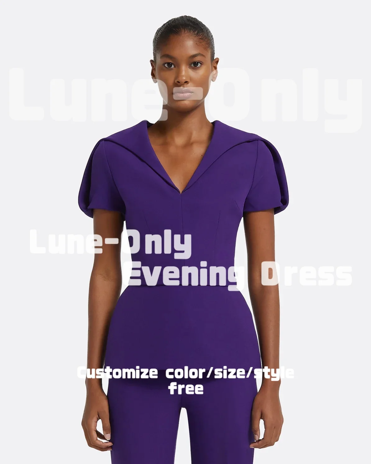 ชุดสูทแขนสั้นสีม่วงแบบสั่งตัด ชุดราตรีหรูหราสำหรับงานทางการ ชุดเซ็ต 2 ชิ้น ชุดราตรีคอวีสำหรับงานพรอม