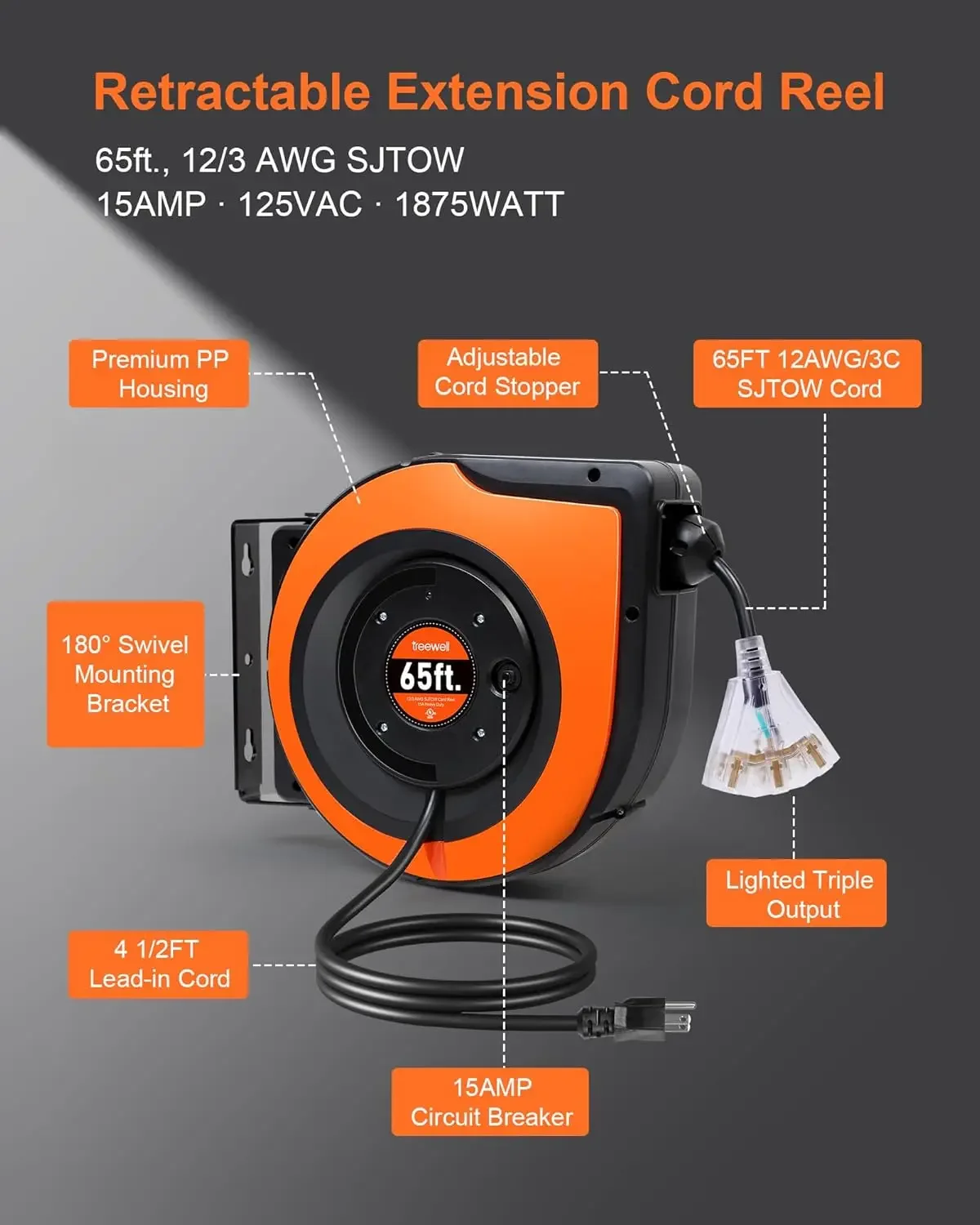 65FT Retractable Extension Cord Reel, 12AWG/3C SJTOW with Triple Tap Outlet, 15A Circuit Breaker, 180° Swivel Bracket  UL Listed