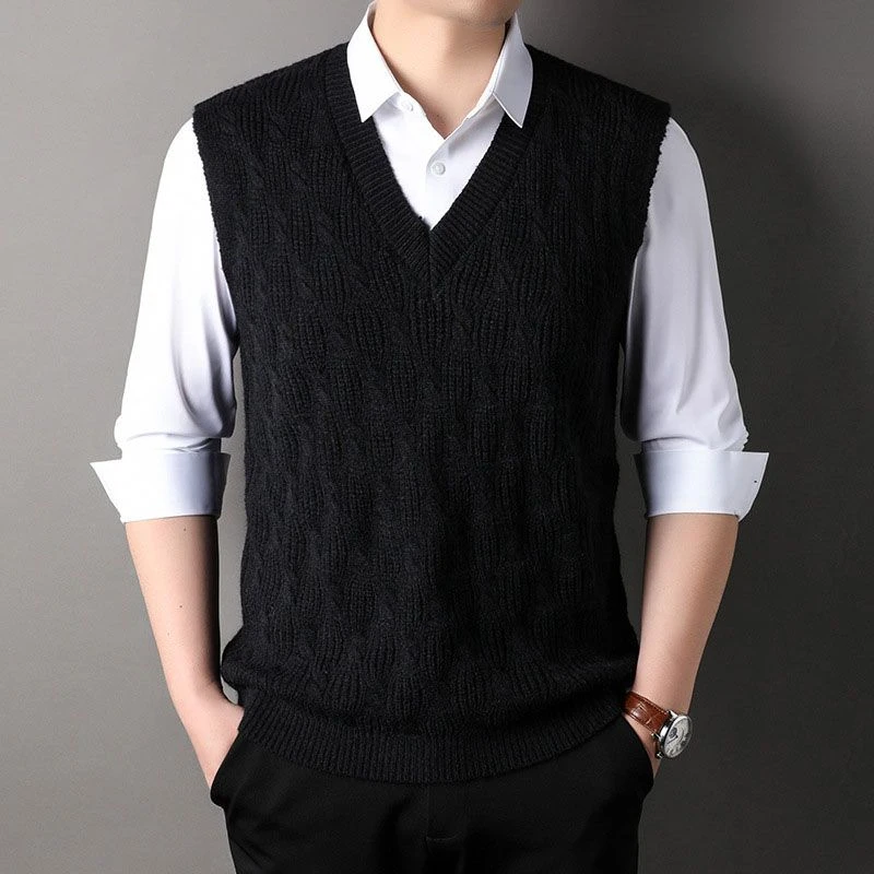 Spring Autumn Men Clothing Sleeveless Sweater Vest V-Neck Solid Screw Thread Vintage Korean Fashion Casual Loose Knitted Tops