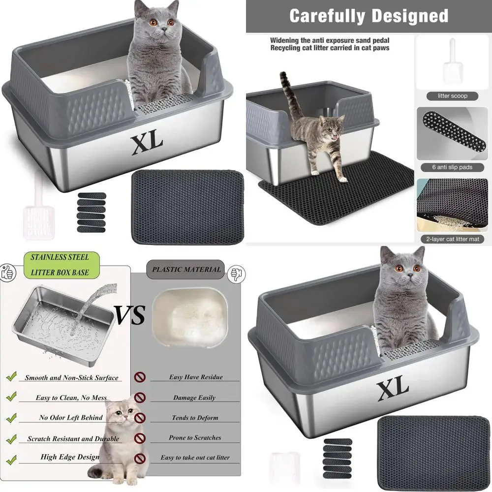 

Большой боковой входной лоток из нержавеющей стали с высокими стенками, съемной крышкой, ковриком для туалета и лопаткой для средних и больших кошек (осеньше г)