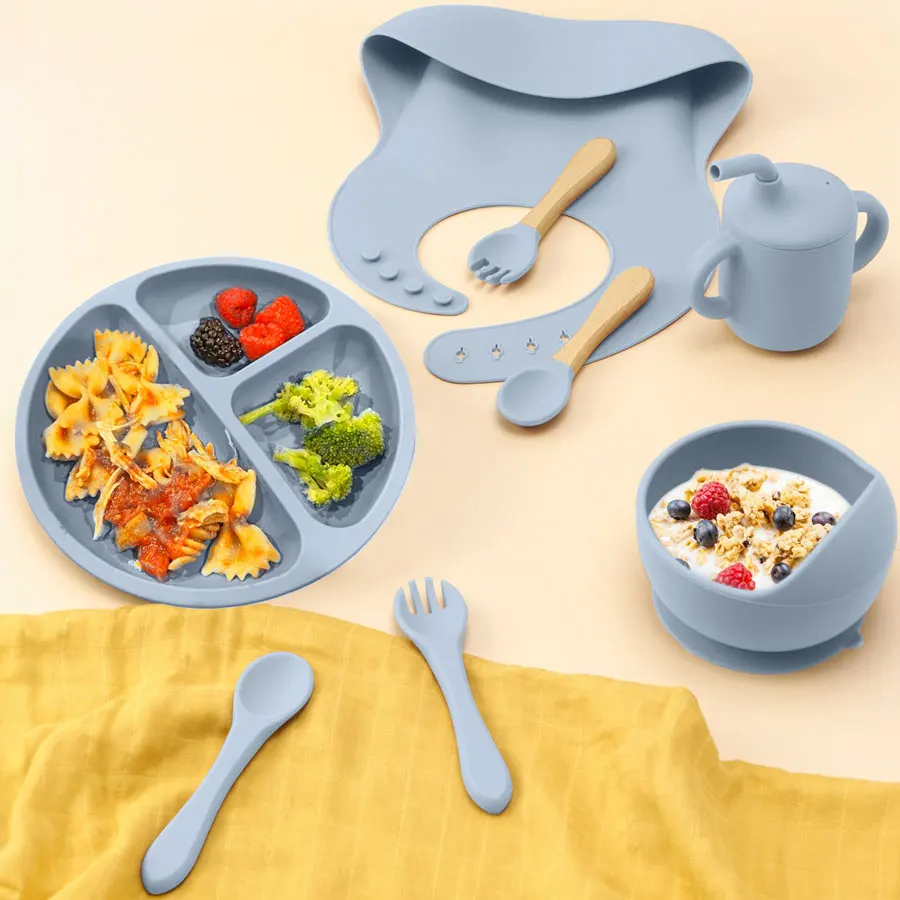 

8PCS Silicone Baby Tableware Set Suction Plate Bowl Waterproof Bib Sippy Cup Silicone Spoon Fork Wooden Handle Utensils