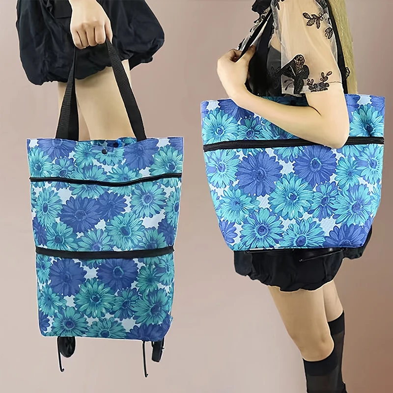 Roller Shopping Bags Polyester Folding Shopping Cart Portable Supermarket Tote Wheel Bags Wheel Supermarket Handbag