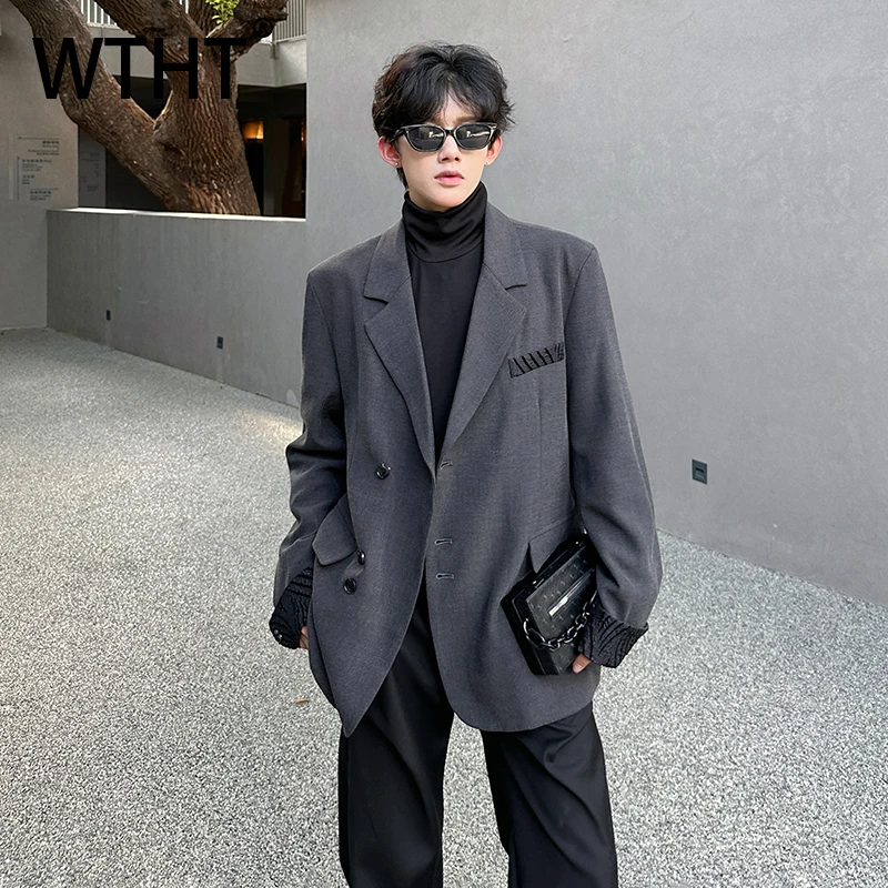 

WTHT Fashion Men's Solid Color Shoulder Pad Blazer Coat Trendy Single Breasted Turn Down Collar Jacket Male 2025 Autumn 2A2156