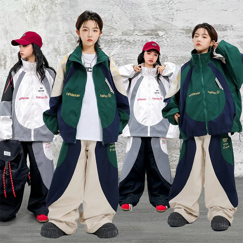 Boys Hip Hop Costume High Collar Contrast Coat Street Dance Pants Girls Group Streetwear Jacket Kids Jazz School Clothes