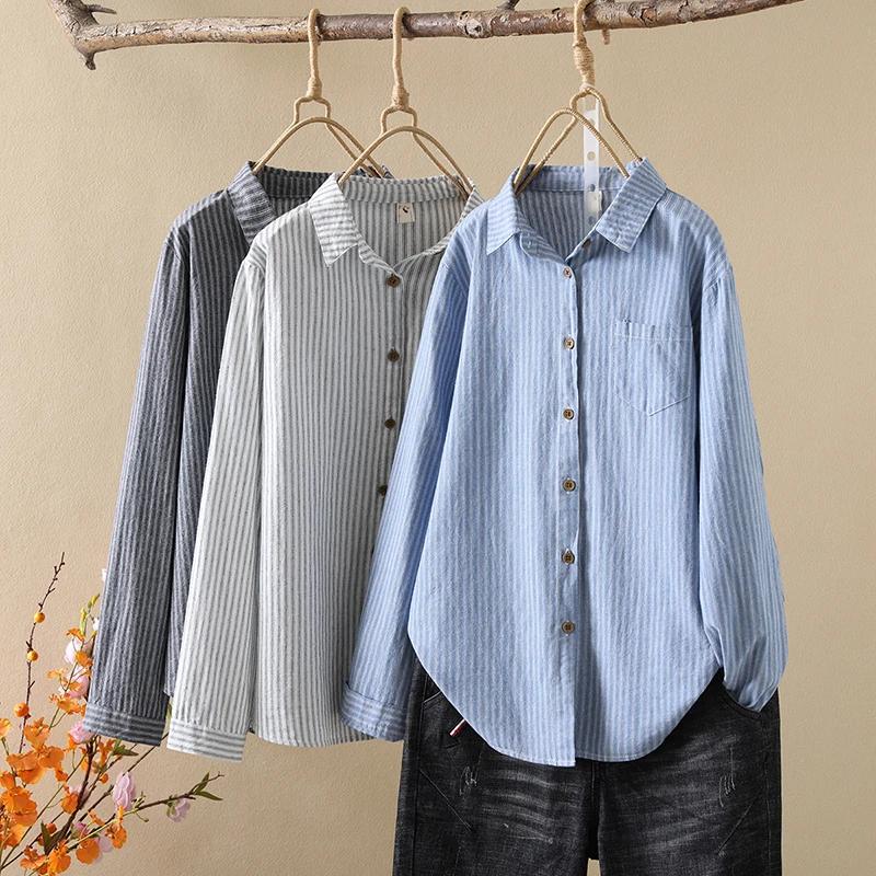 

100% Cotton Blue Grey Striped Shirt For Women 2024 Autumn New Casual Long Sleeve Shirt & Tops Ladies Office Lady Wear Clothes