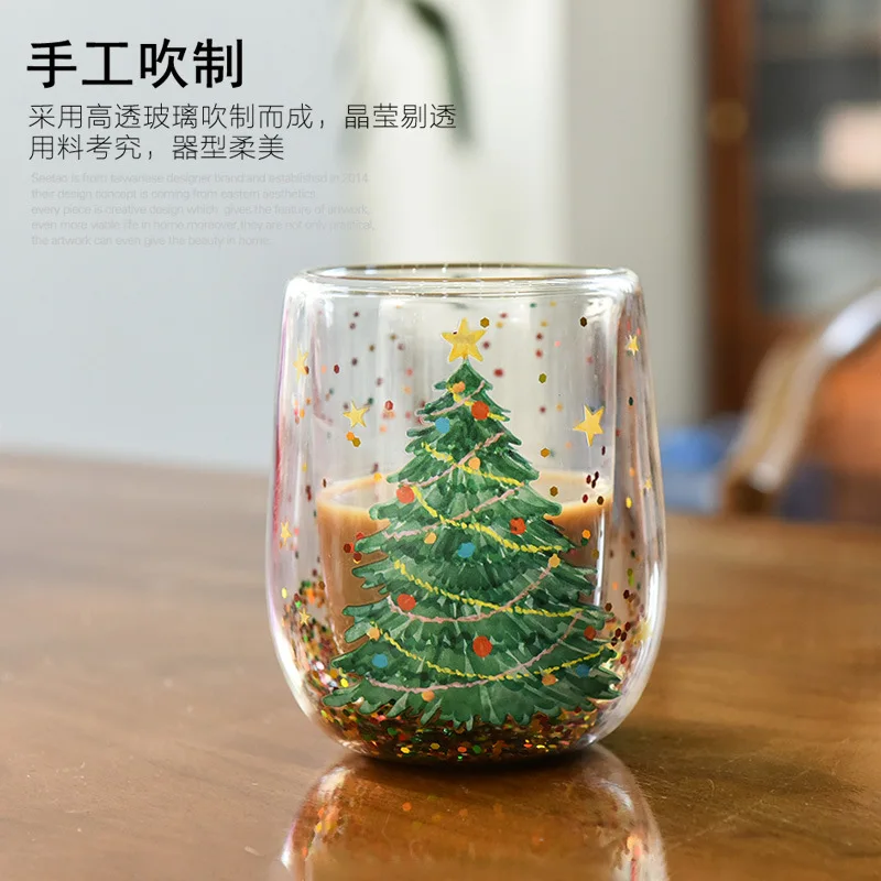 

New Christmas tree cup, heat-resistant and non scalding double-layer cup, flowing glitter Christmas cup double-layer cute tree