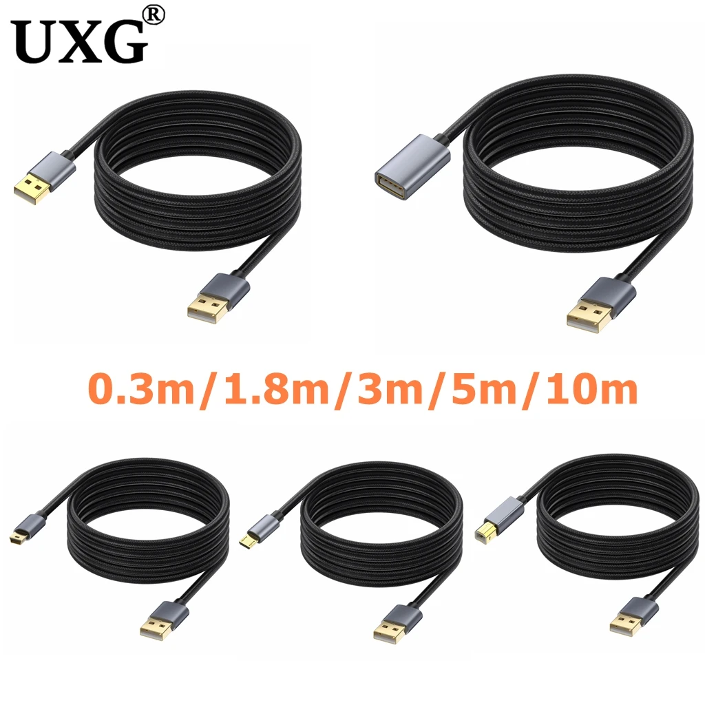 10m USB 2.0 Extension TYPE-B Printer Cable Male to Micro Mini 5pin USB Female 5Gbps Data Cord for PC PS3 Laptop U Disk Smart TV