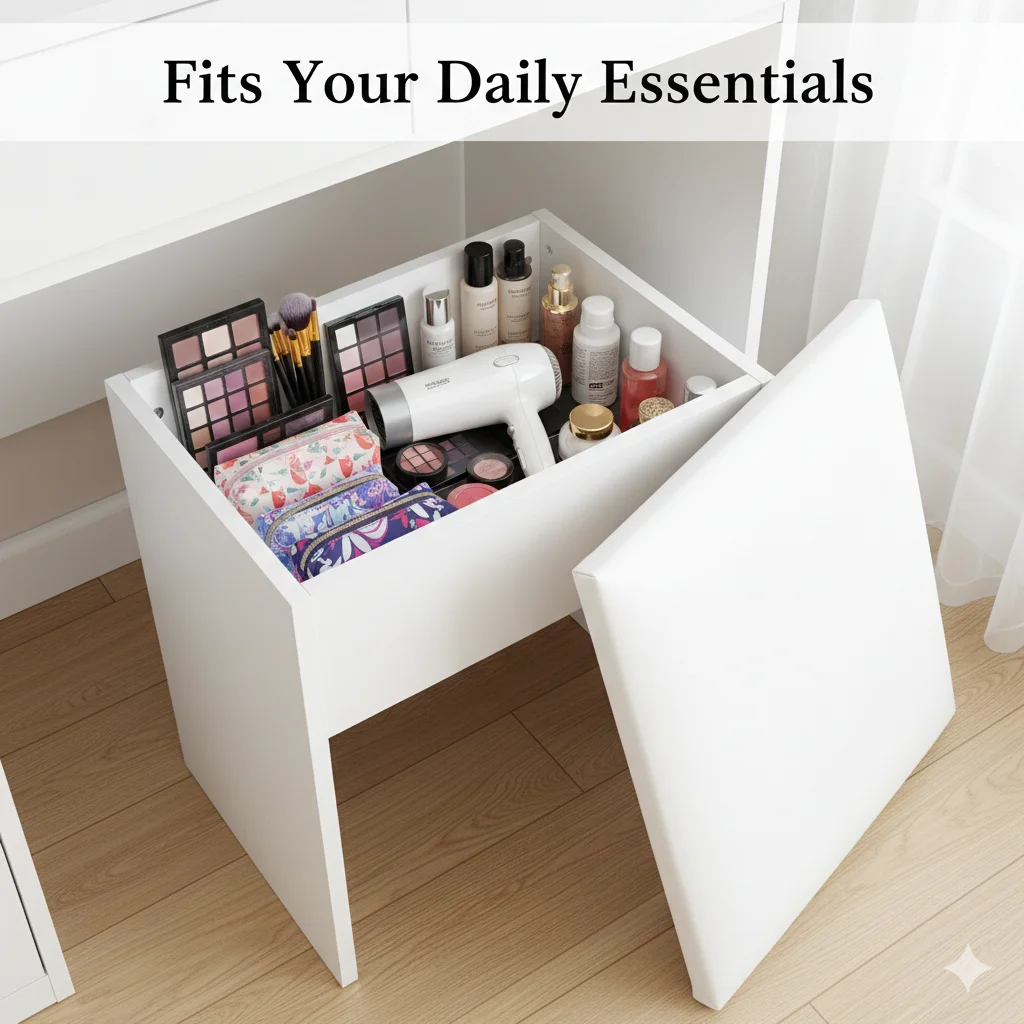 

White Hidden Storage Vanity Stool - Lift-Off Lid Makeup Bench, Compact Space-Saving Dressing Ottoman