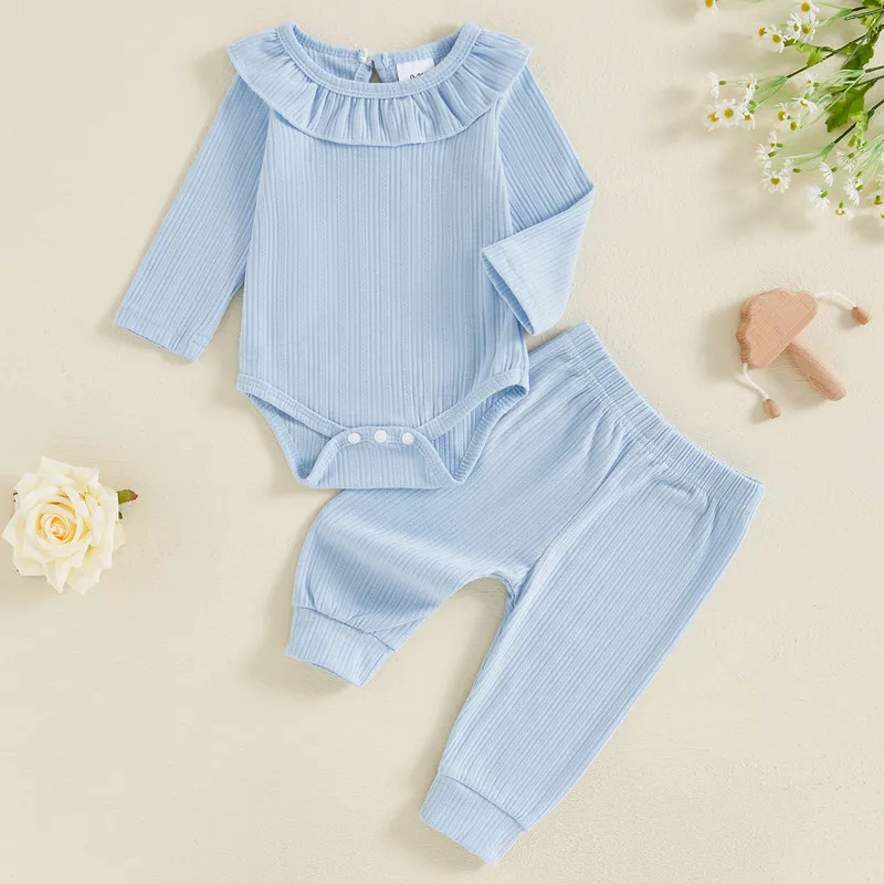 Newborn Baby Girl Pant Sets 2Pcs Fall Clothes Long Sleeve Ruffle Collar Bodysuit and Pants Set Infant Baby Clothing