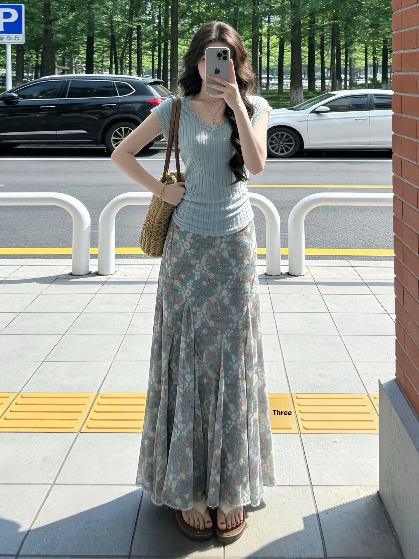 2026 New Blue Lace Floral Half Skirt Women's Summer Korean Style OOTD Matching Long Dress High Waist A-Line Knitted Skirt